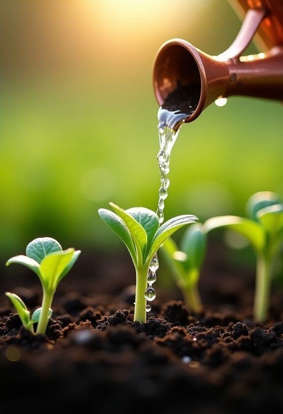 Water pouring onto young seedlings