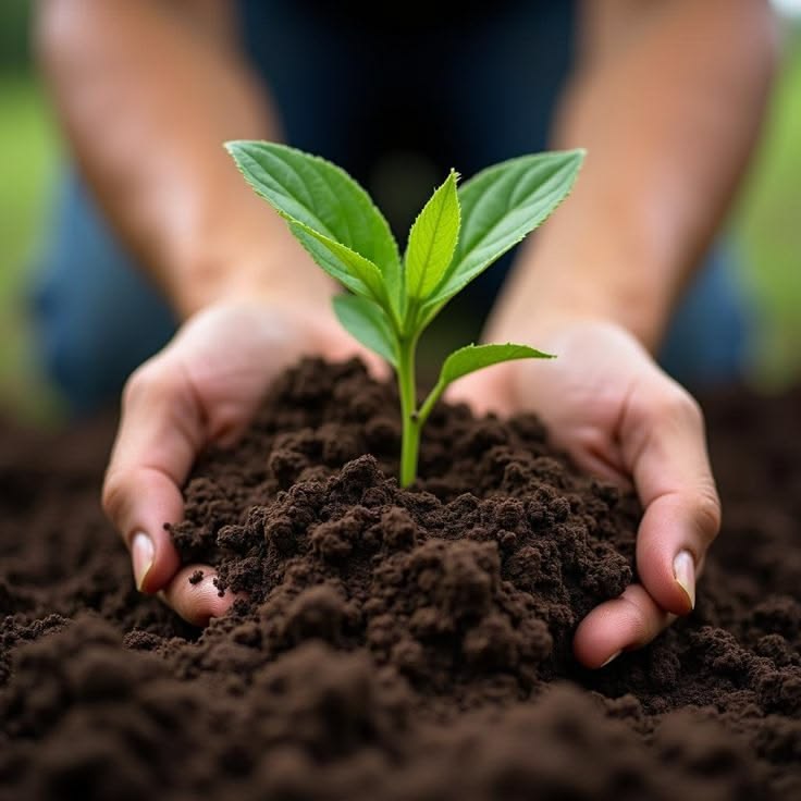 Hands holding soil with a young plant